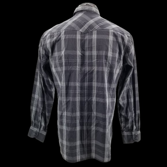Bugatchi Shaped Fit Men's Flip Cuff Charcoal Plaid Long Sleeve Shirt Sz M - Picture 2 of 10